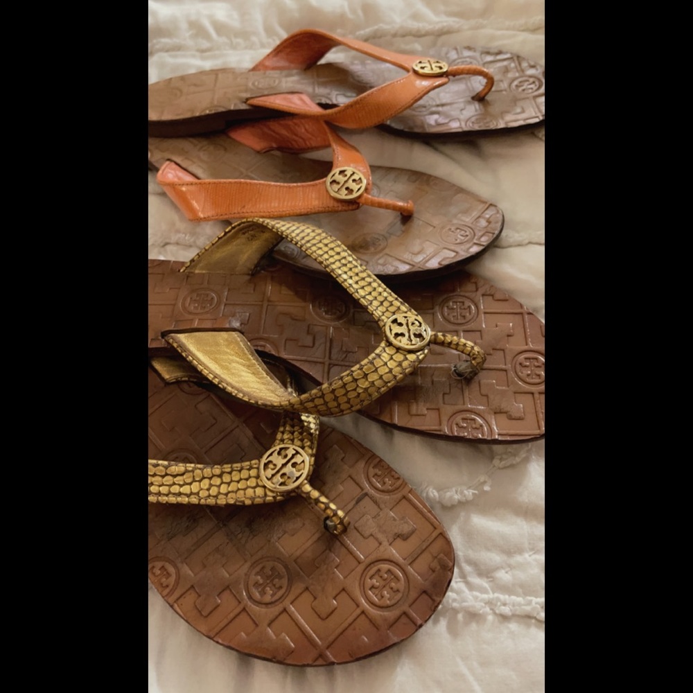 Tory Burch Thora Sandals- Lot of 2 Gold Snakeskin & Coral Lizard skin print.